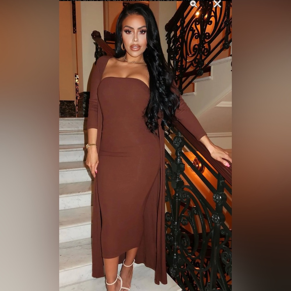2 piece set brown tube dress matching robe lounge set small